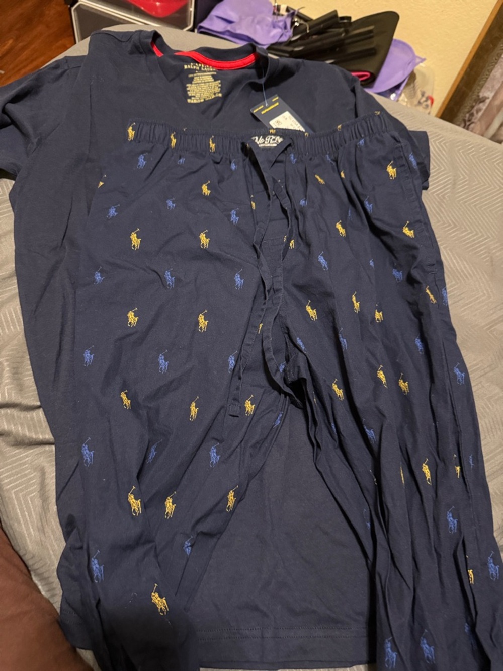 Ralph Lauren Navy Pajama Set with Yellow & Blue Polo Logos